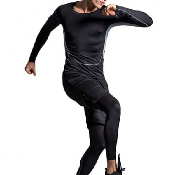 Three-piece Elastic Fitness Suits Men Long-sleeved Running Training Breathable Sportswear Pants