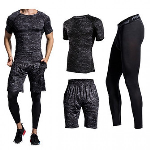 Three-piece Printing Thin Short-sleeved T-shirt Men Running Training Sweat Breathable Sports Suits