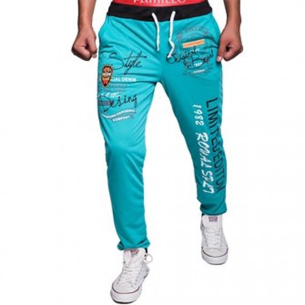 Men Fall Cotton Polyester Letter Printed Basketball Sports Jogger Pants Drawstring Elastic Waist Trousers