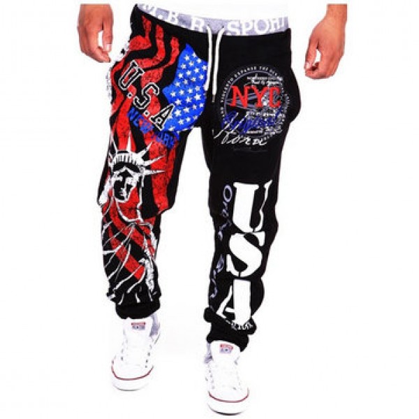Men Lace-Up Fashion Sports Jogger Pants Statue of Liberty American Flag Printing Hip-hop Sweatpants