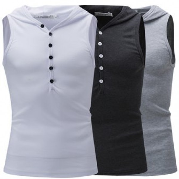 Fashion Hooded Slim Sleeveless Vest Men Solid Color Casual Button Design Tops Tees