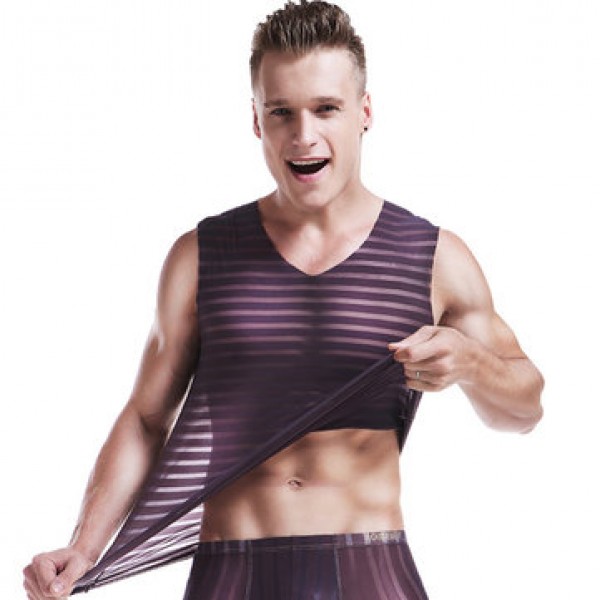 Sexy Men Semitransparent Vest Thin Silk Seamless O-Neck Undershirt Tight Sleeveless Tops