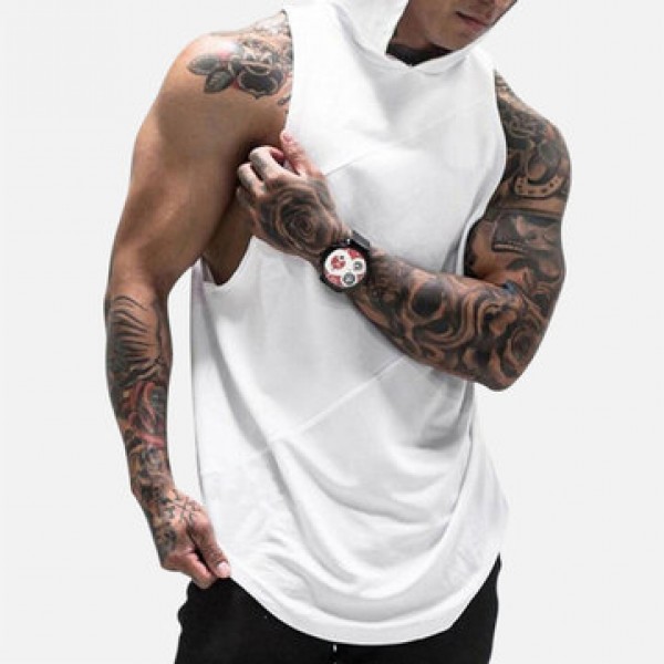 Men Cotton Sleeveless Mesh Breathable Hooded Gym T...