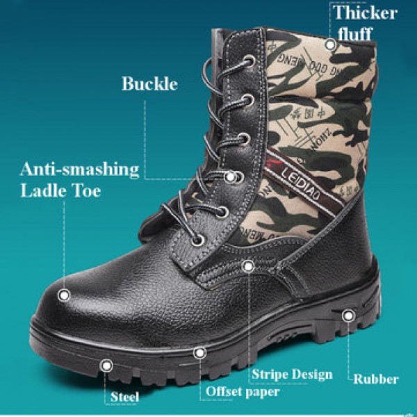 TENGOO Winter Mens Camouflage Steel toe Fur Lined work Ankle boots Labor Safety Shoes Work Shoes Waterproof