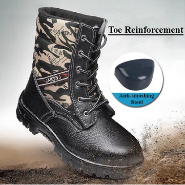 TENGOO Winter Mens Camouflage Steel toe Fur Lined work Ankle boots Labor Safety Shoes Work Shoes Waterproof