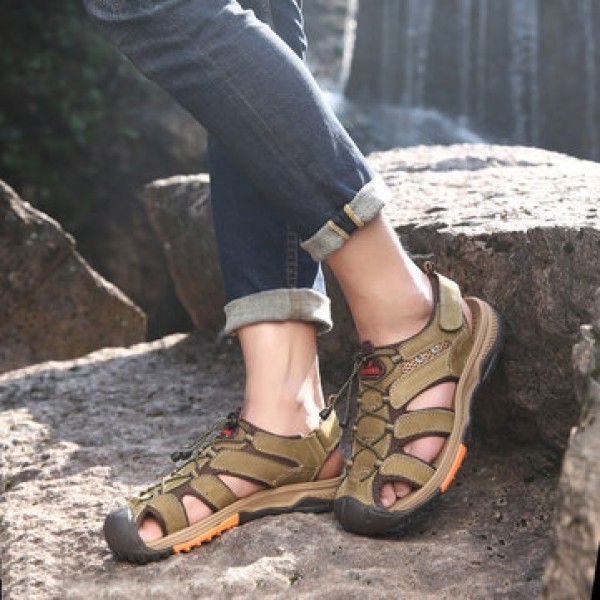 Men Travel Genuine Leather Cowhide Male Summer Beach Casual Suede Rubber Sandals Slippers Shoes