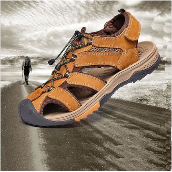 Men Travel Genuine Leather Cowhide Male Summer Beach Casual Suede Rubber Sandals Slippers Shoes