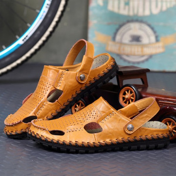Leather Hollow Men Sandals Slippers Summer Casual Beach Light Weight Soft Breathable Durable