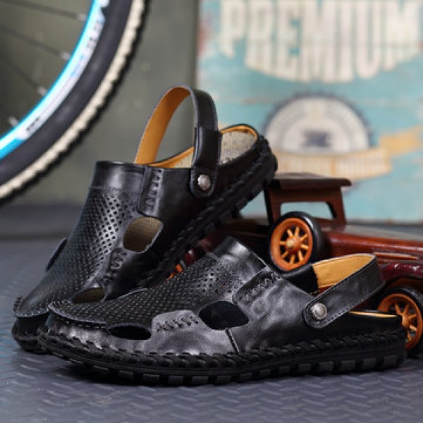 Leather Hollow Men Sandals Slippers Summer Casual Beach Light Weight Soft Breathable Durable