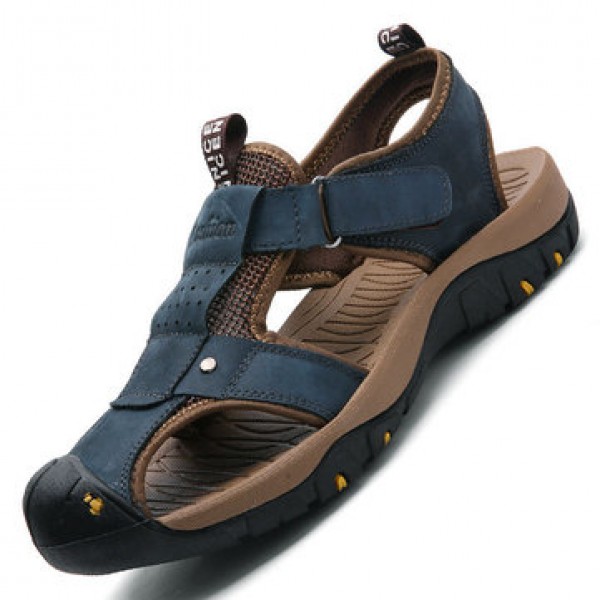 Men Genuine Leather Roman Sandals Soft Sole Cut-out Moccasins Outdoor Beach Sneakers Casual