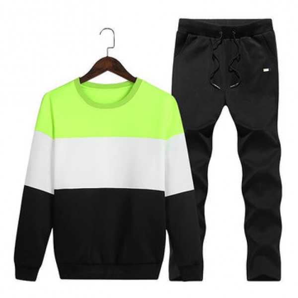 Mens Casual Sport Suit Stitching Color Long Sleeve...