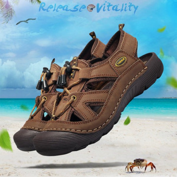 Men Rubber Leather Soft Breathable Sandals Slippers Beach Running Sports Slippers