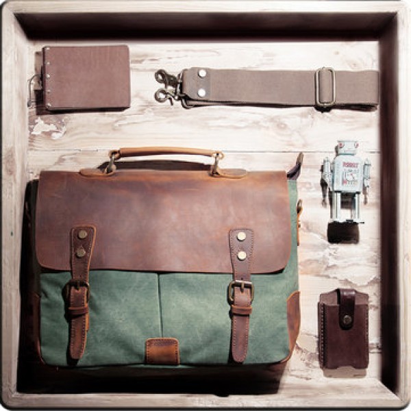 Men Vintage Canvas Messenger Bag Crossbody Bag Retro Genuine Leather Handbag