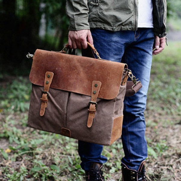 Men Vintage Canvas Messenger Bag Crossbody Bag Retro Genuine Leather Handbag