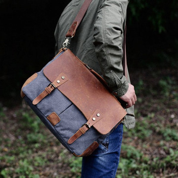Men Vintage Canvas Messenger Bag Crossbody Bag Retro Genuine Leather Handbag