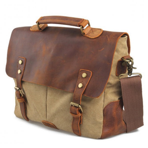 Men Vintage Canvas Messenger Bag Crossbody Bag Retro Genuine Leather Handbag