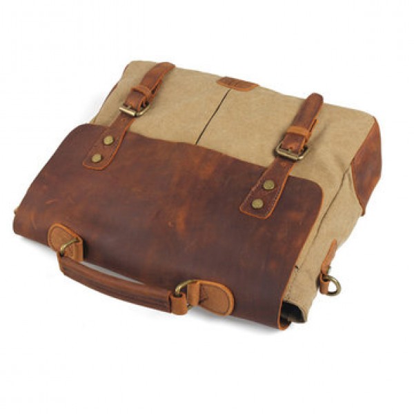 Men Vintage Canvas Messenger Bag Crossbody Bag Retro Genuine Leather Handbag