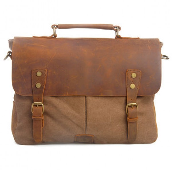 Men Vintage Canvas Messenger Bag Crossbody Bag Retro Genuine Leather Handbag