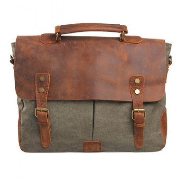 Men Vintage Canvas Messenger Bag Crossbody Bag Retro Genuine Leather Handbag