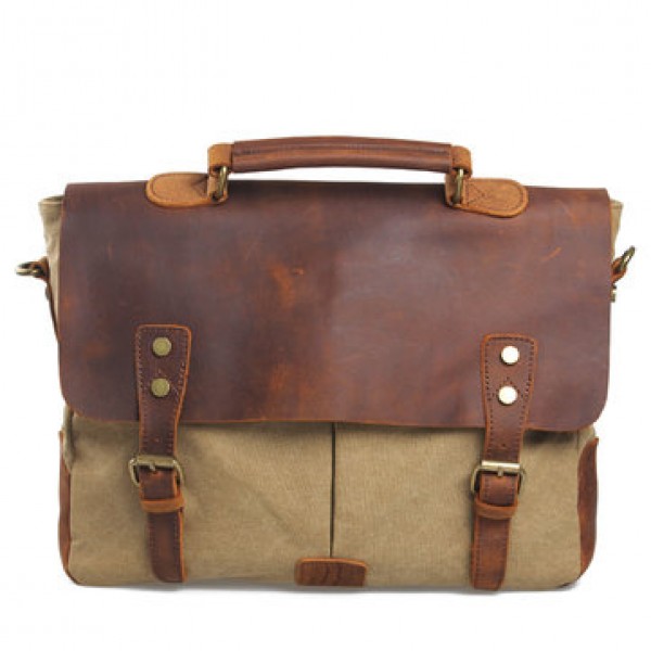 Men Vintage Canvas Messenger Bag Crossbody Bag Retro Genuine Leather Handbag