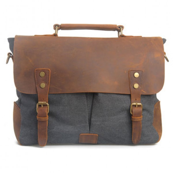 Men Vintage Canvas Messenger Bag Crossbody Bag Retro Genuine Leather Handbag