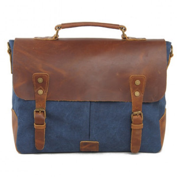 Men Vintage Canvas Messenger Bag Crossbody Bag Retro Genuine Leather Handbag