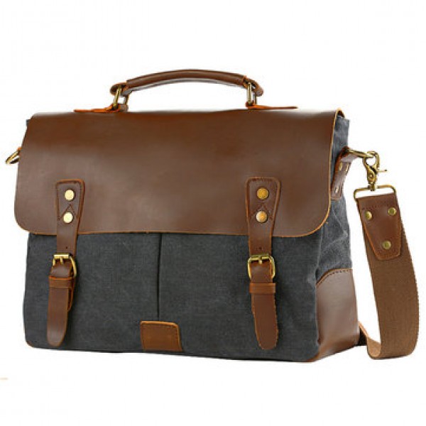 Men Vintage Canvas Messenger Bag Crossbody Bag Retro Genuine Leather Handbag