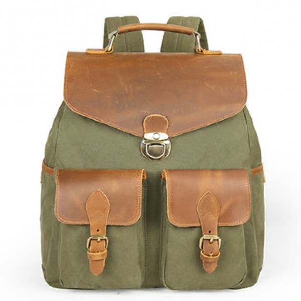 Men High Quality Backpack Cowhide Canvas Vintage Outdoor Travel Large Capacity