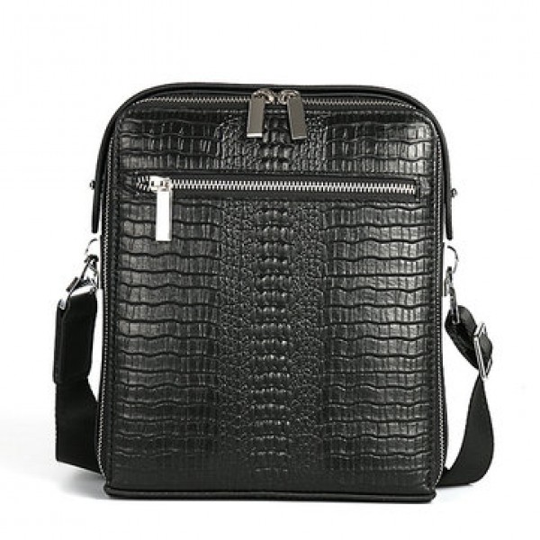 Men Genuine Leather Business Casual Cowhide Black Crocodile Stripe Shoulder Bag