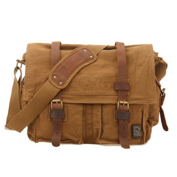 Ekphero Men Cowhide Canvas Messenger Bag Vintage Fashion Shoulder Crossbody Bag