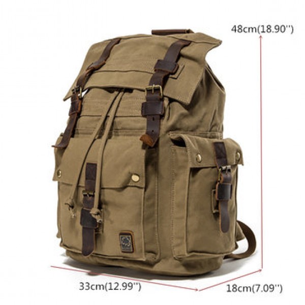 Men Canvas Drawstring Backpack Vintage Cowhide School Bags