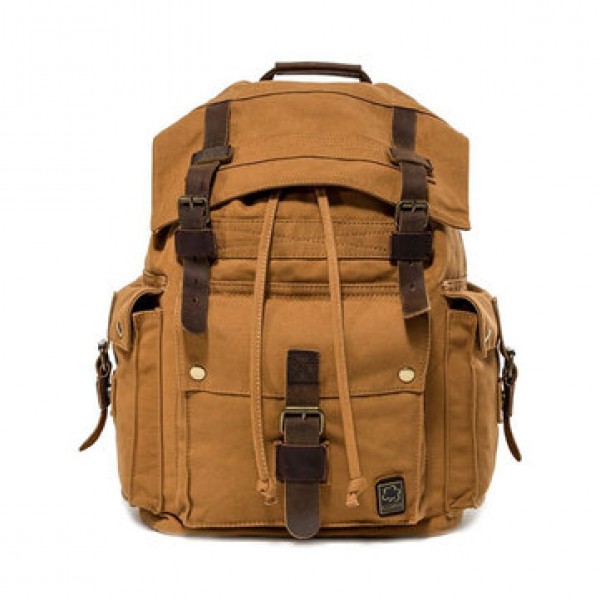 Men Canvas Drawstring Backpack Vintage Cowhide School Bags
