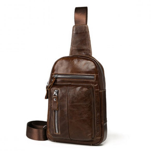 Ekphero Men Genuine Leather Chest Bag Retro Zipper Pockets Shoulder Crossbody Bag