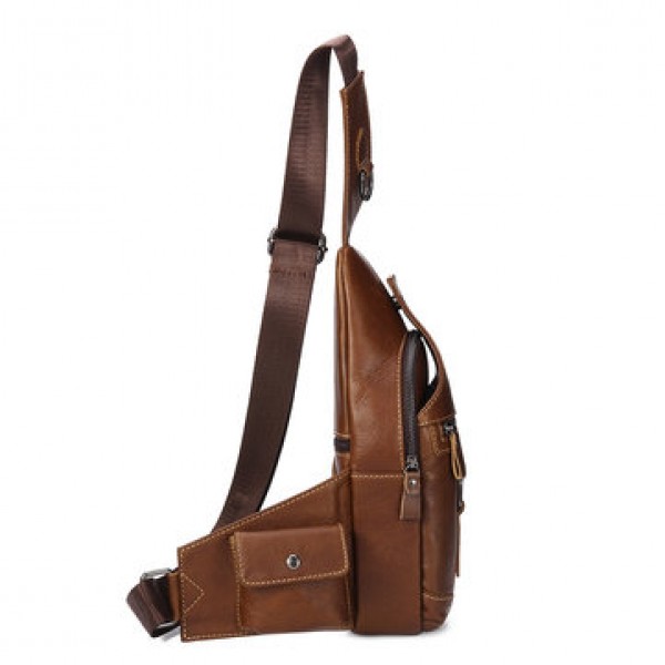 Ekphero Men Genuine Leather Leisure Crossbody Bag Large Capacity Chest Bag